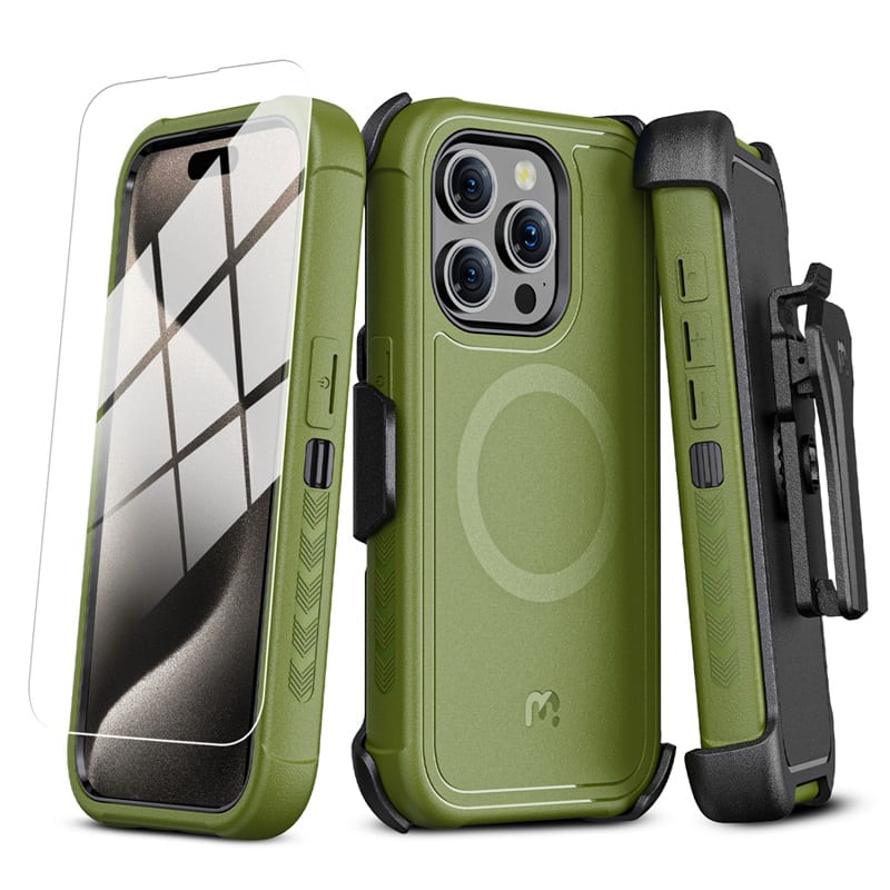 Front. Mybat Pro - MyBat Pro Maverick Series MagSafe Case with Holster and Tempered Glass for Apple iPhone 15 Pro Max (6.7) - Army Green - Army Green.