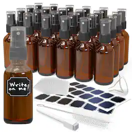 Nevlers - 2 Oz. Amber Glass Spray Bottles with Funnel, Brush, Shrink Wrap, Marker and Labels (Pack of 24)