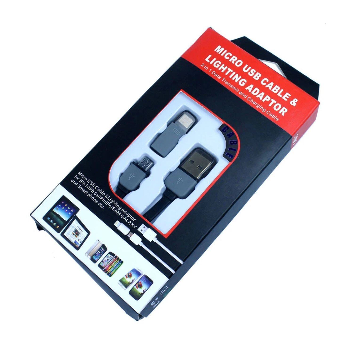 The text on the image can be grouped and corrected as follows:

- **Micro USB Cable & Lighting Adaptor**
- **2 in 1 Data Transmit and Charging Cable**
- **For iPhone, Micro USB, and USB Smartphones**
- **Compatible with Samsung, Galaxy, and other devices**

This product is a versatile charging and data transfer solution for various smartphones.