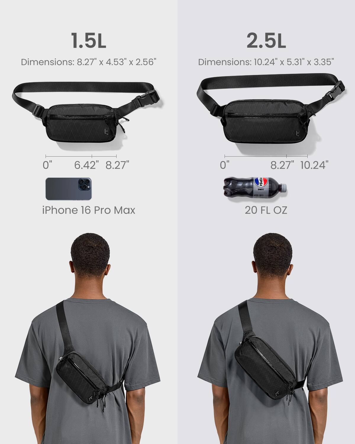 1.5L Dimensions: 8.27" x 4.53" x 2.56"
2.5L Dimensions: 10.24" x 5.31" x 3.35"