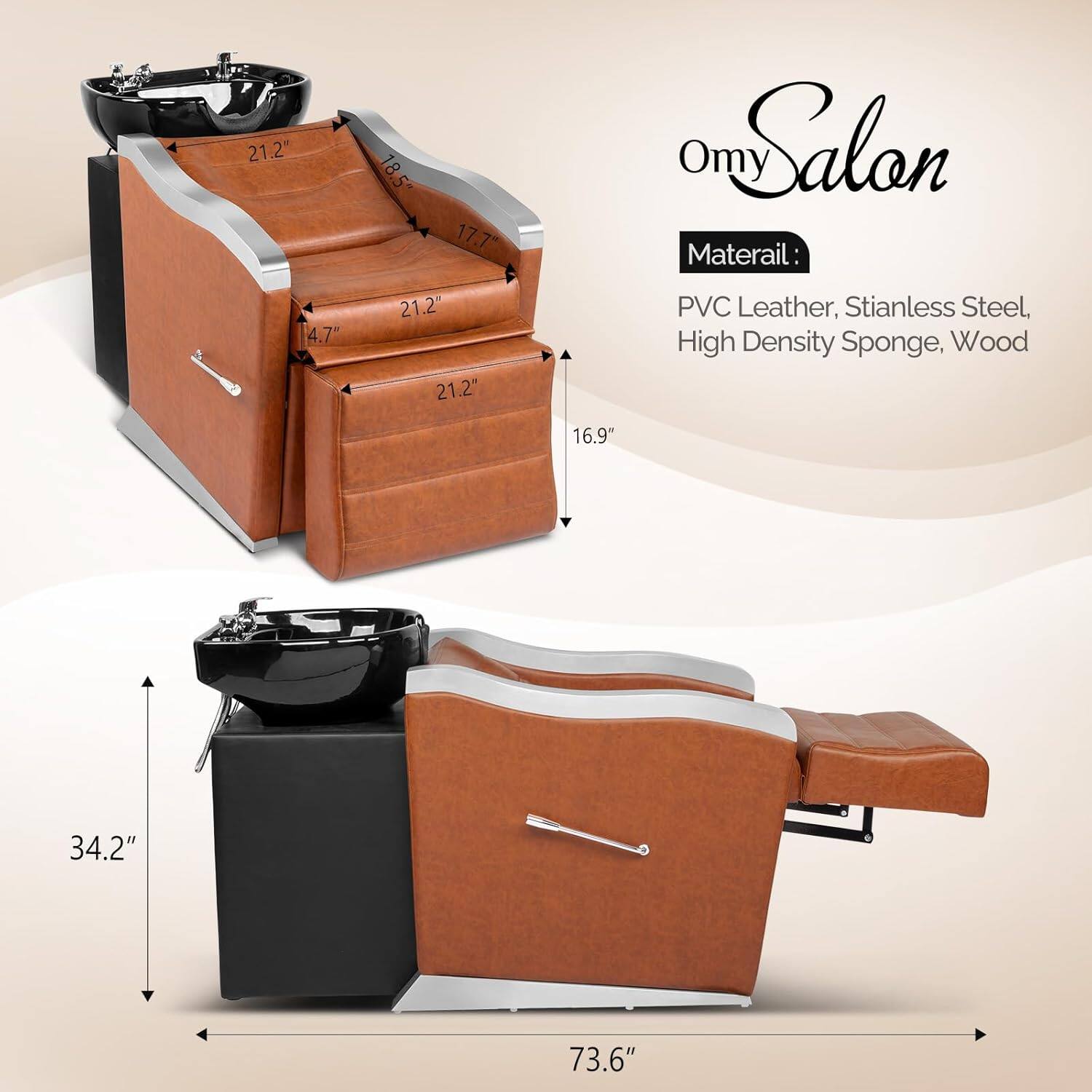 21.2" 18.5" 17.7" 4.7" 21.2" 21.2" 16.9" 34.2" 73.6"

Omy Salon

Material: PVC Leather, Stainless Steel, High Density Sponge, Wood