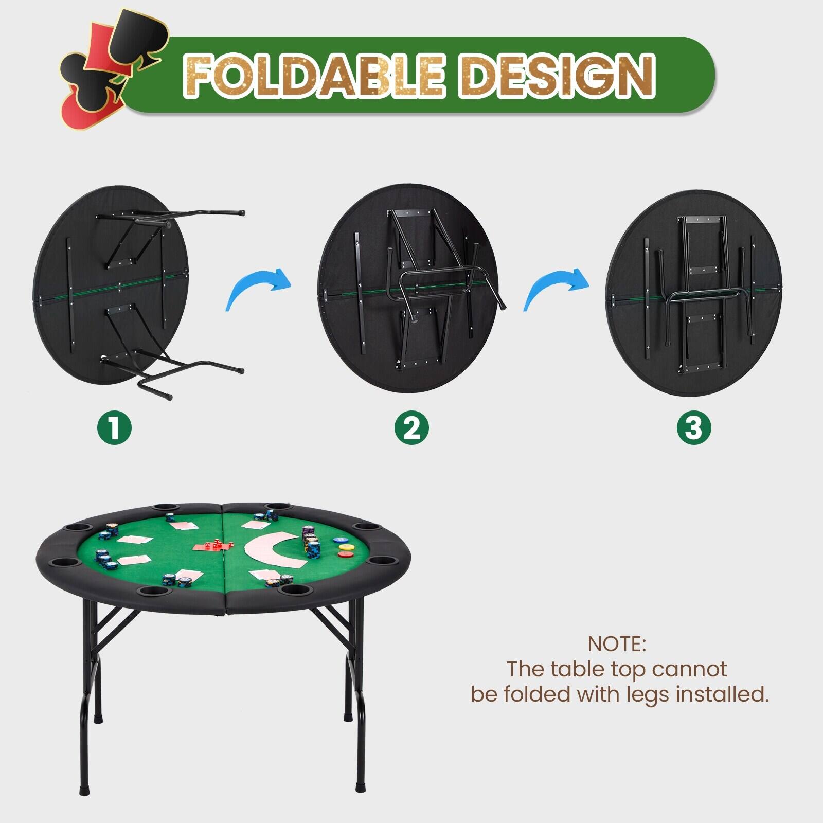 FOLDABLE DESIGN

1. Fold the table top.
2. Fold the table top further.
3. Fold the table top completely.

NOTE: The table top cannot be folded with legs installed.