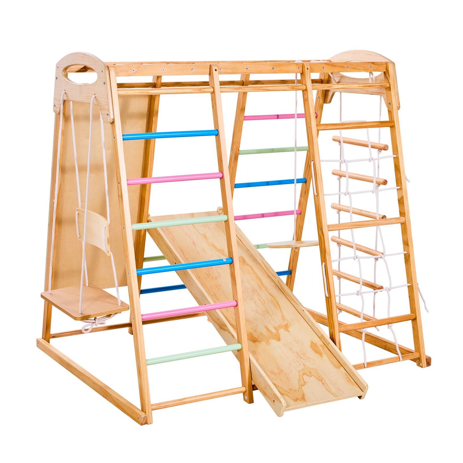 Alt View 5. VEVOR - Indoor Playground Jungle Gym, 9-in-1 Wooden Climbing Playset for Toddlers, 250LBS Capacity with Monkey Bar, Swing, Slide - color.