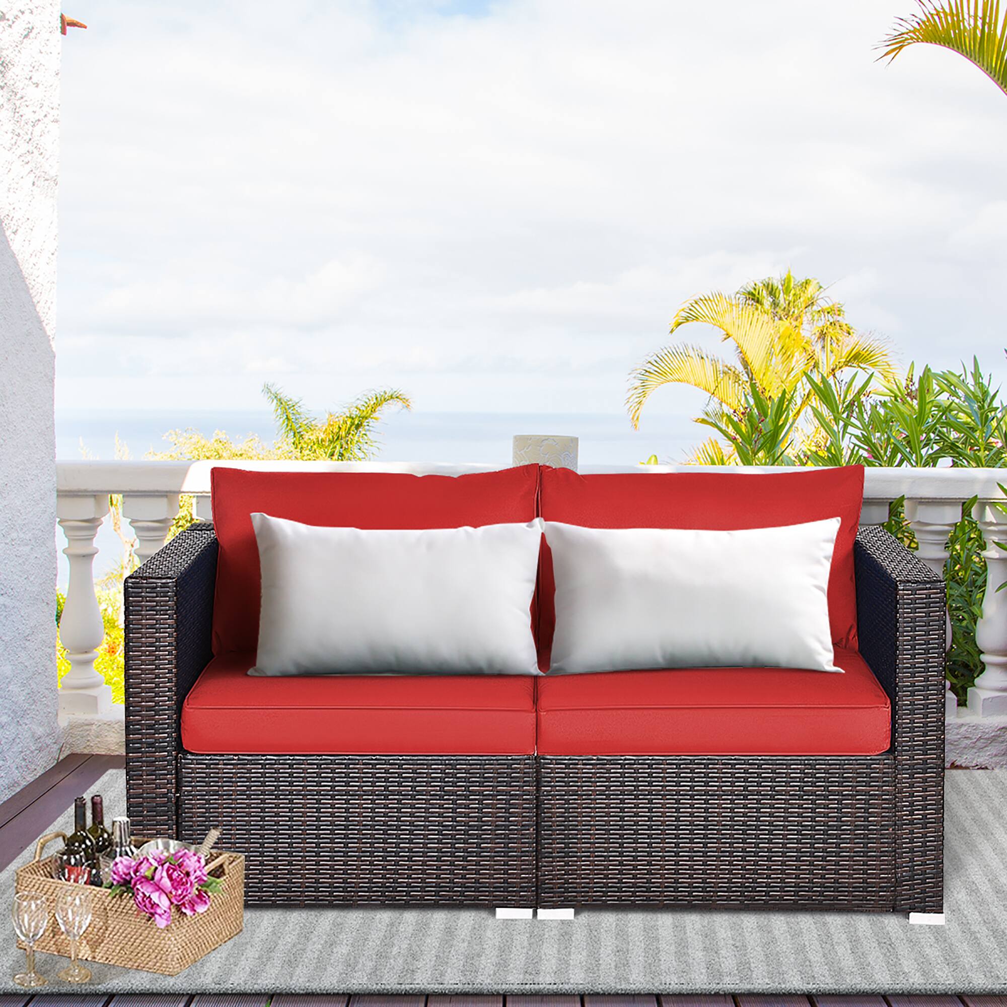 Alt View 1. Costway - Costway 2PCS Patio Rattan Corner Sofa Sectional Furniture Set Red Cushion - Red.
