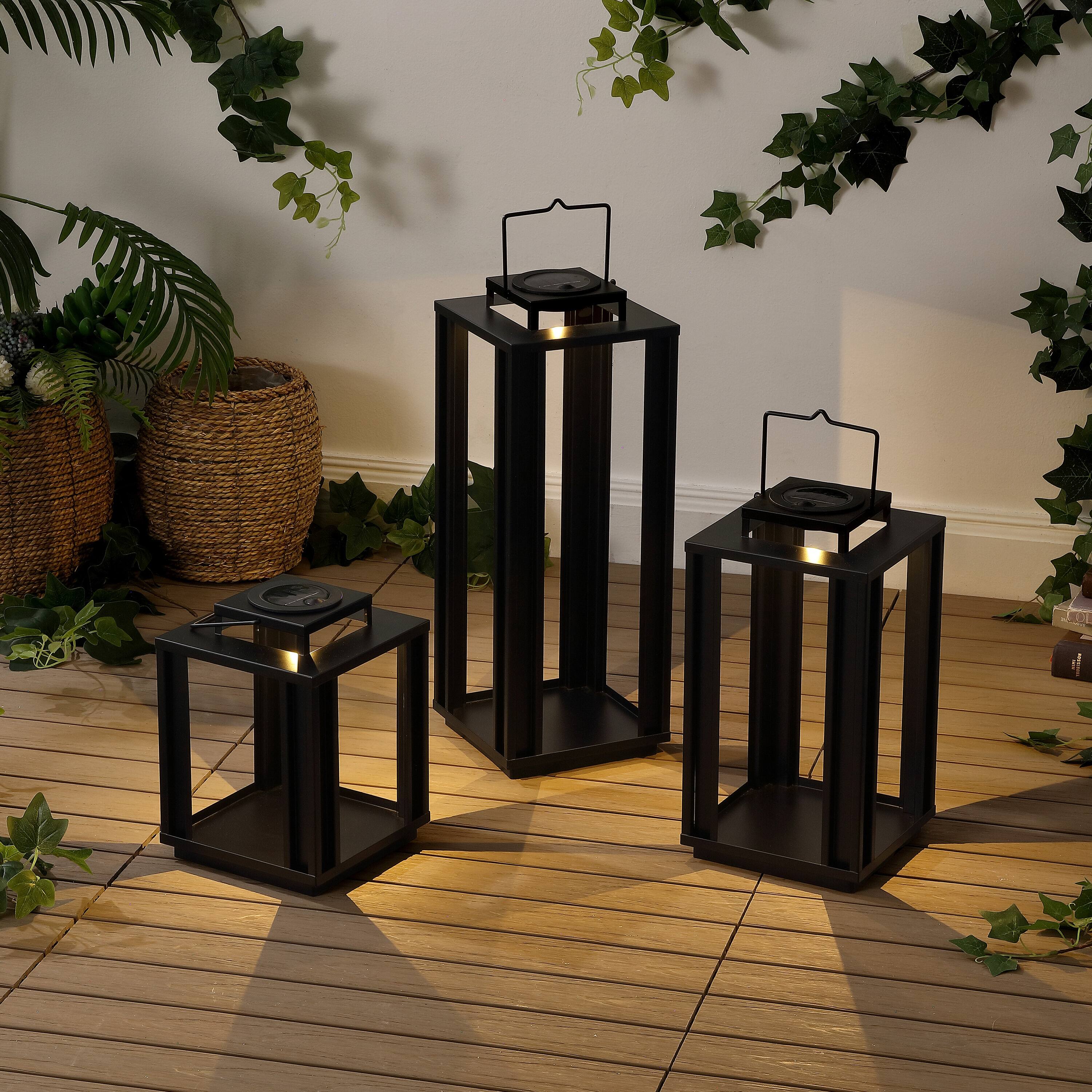 Alt View 1. Jonathan Y - Leland Modern Industrial Integrated Indoor/Outdoor LED Solar Powered Lanterns, Black (Set of 3) - Black.