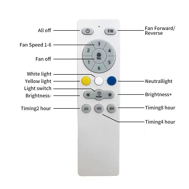 - All off
- Fan Forward/Reverse (F/R)
- Fan Speed 1-6
- Fan off
- White light
- Yellow light
- Light switch
- Neutral light
- Brightness-
- Brightness+
- Timing2 hour (2H)
- Timing4 hour (4H)
- Timing8 hour (8H)