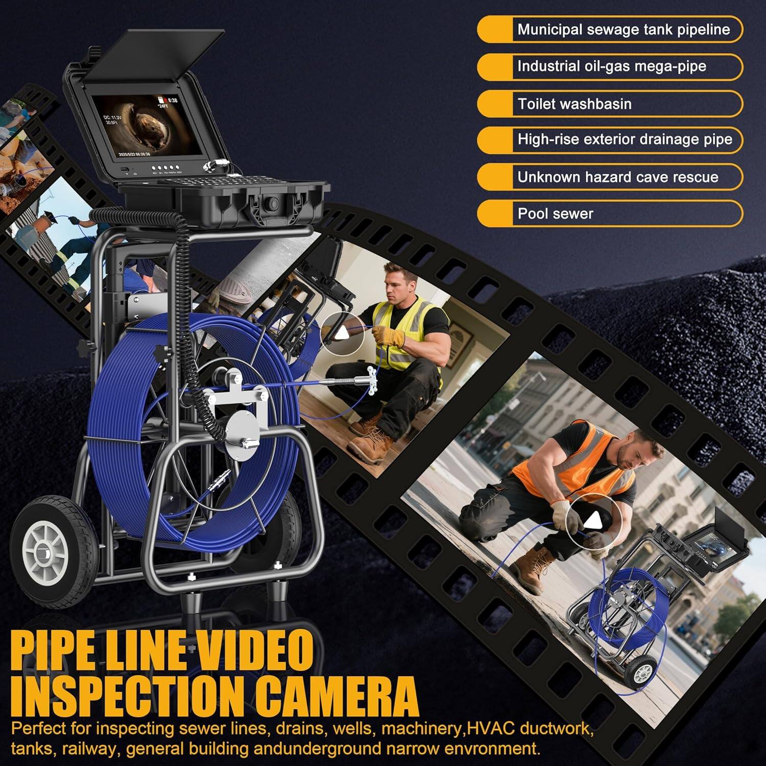 Alt View 5. Aukfa - Sewer Camera - 10" HD Borescope with Self-Leveling, IP68, 250Ft 7MM Cable, DVR, 32GB.