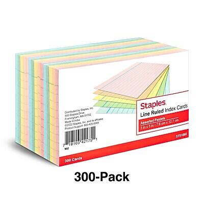 Staples Inc  
Distributed by Staples Inc  
Framingham, MA 01702  
Made in China  
2022  
Staples 800-425-0049  
Product Support 1-800-721-7571  
MAZ  

Staples  
Line Ruled Index Cards  
Assorted Pastels  
5 in x 3 in (12.7 cm x 7.6 cm)  
300 Cards  
ST51002  

300-Pack