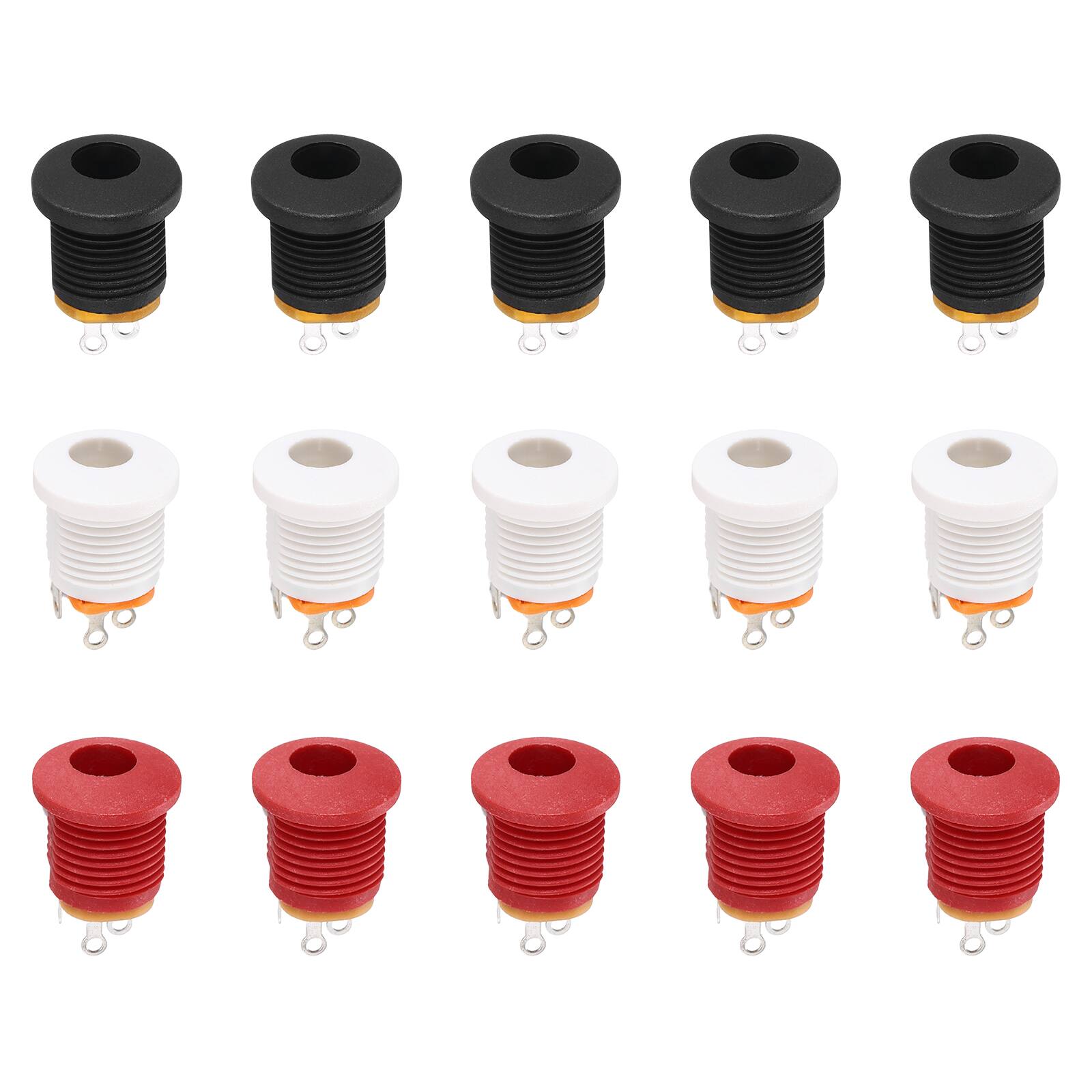 Front. Unique Bargains - 15pcs DC5521 5.5x2.1mm 30V 0.5A 3Pin Female Barrel Jack Panel Mount Connector for Guitar/Car Audio - Black, Red, White.