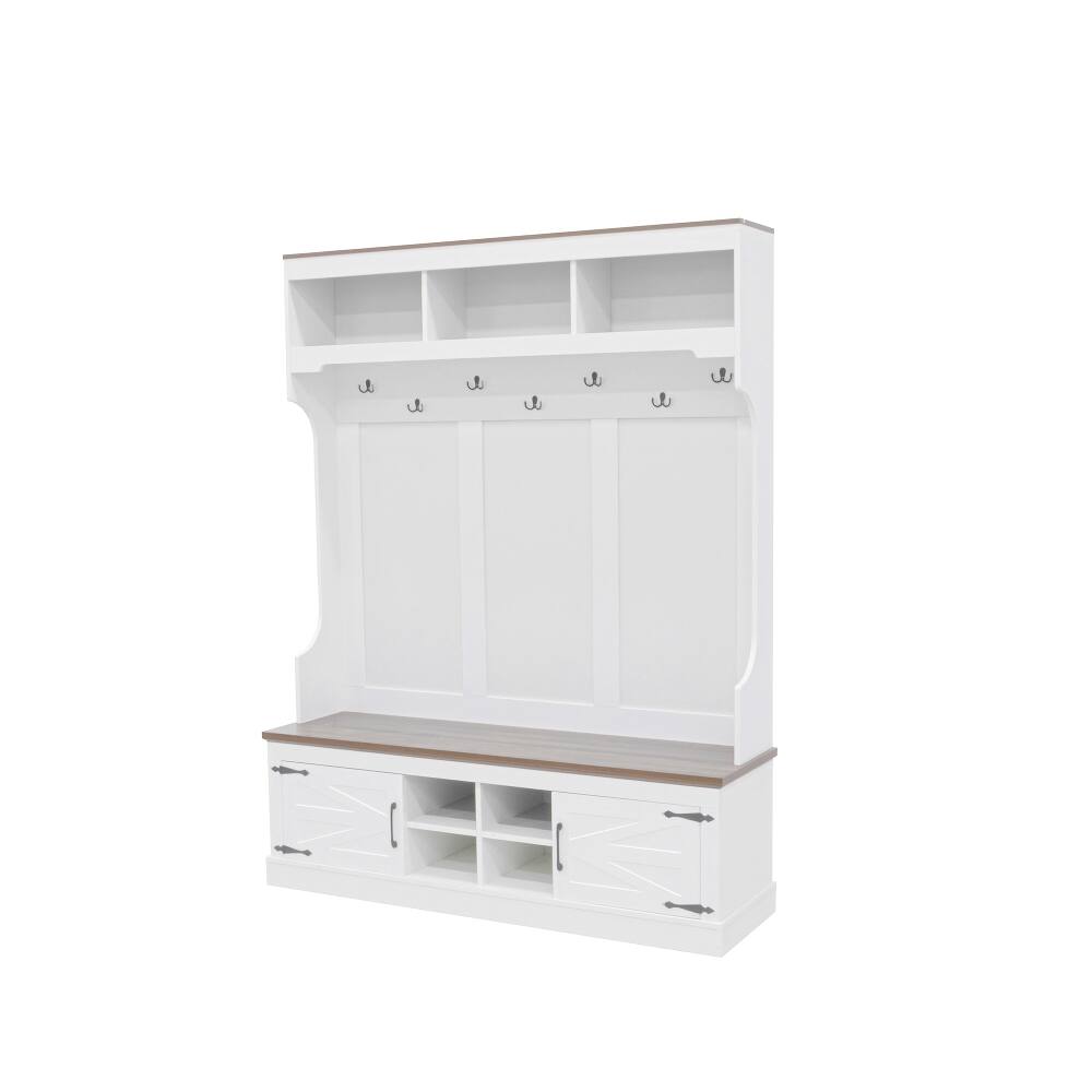 Alt View 9. Loheer - Loheer 71 inch tall entryway organizer, farmhouse hall tree with bench, white coat rack with shoe storage - White.