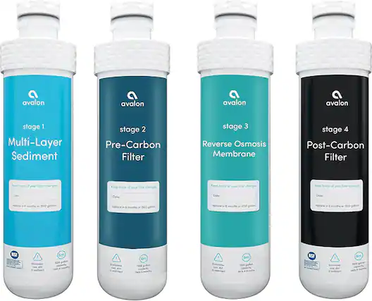avalon stage 1 Multi-Layer Sediment stage 2 Pre-Carbon Filter stage 3 Reverse Osmosis Membrane stage 4 Post-Carbon Filter Keep track of your filter changes Date: replace in 6 months or 1500 gallons replace in 6 months or 1500 gallons replace in 6 months or 1500 gallons replace in 6 months or 1500 gallons