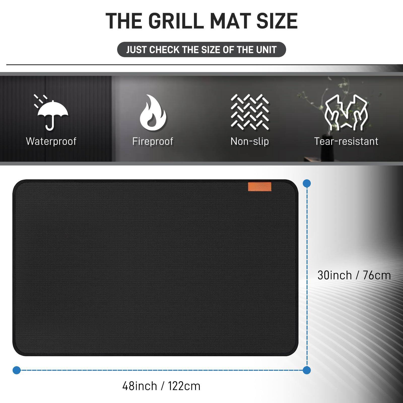 The Grill Mat Size

Just Check the Size of the Unit

Waterproof  
Fireproof  
Non-slip  
Tear-resistant  

30inch / 76cm  
48inch / 122cm