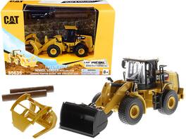Diecast Masters - CAT Caterpillar 950M Wheel Loader with Bucket and Log Fork with Two Log Poles "Play & Collect!" 1/64 Diecast - Yellow
