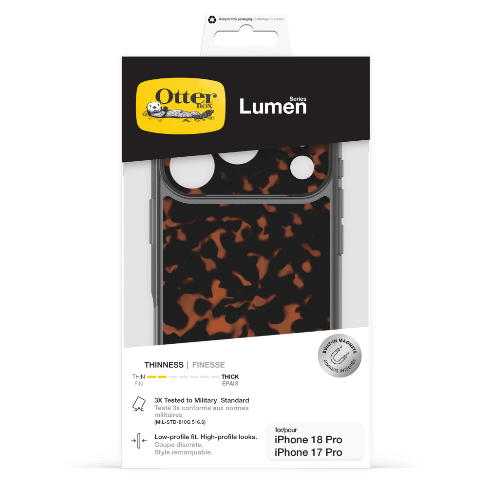 Recycle this packaging  
Emballage recyclable

Otter Series BOX Lumen

THINNESS | FINESSE  
THIN | FIN  
THICK | ÉPAIS

BUILT-IN MAGNETS  
AIMANTS INTÉGRÉS

3X Tested to Military Standard  
Testé 3x conforme aux normes militaires (MIL-STD-810G 516.6)

Low-profile fit. High-profile looks.  
Coupe discrète. Style remarquable.

for/pour iPhone 18 Pro  
iPhone 17 Pro