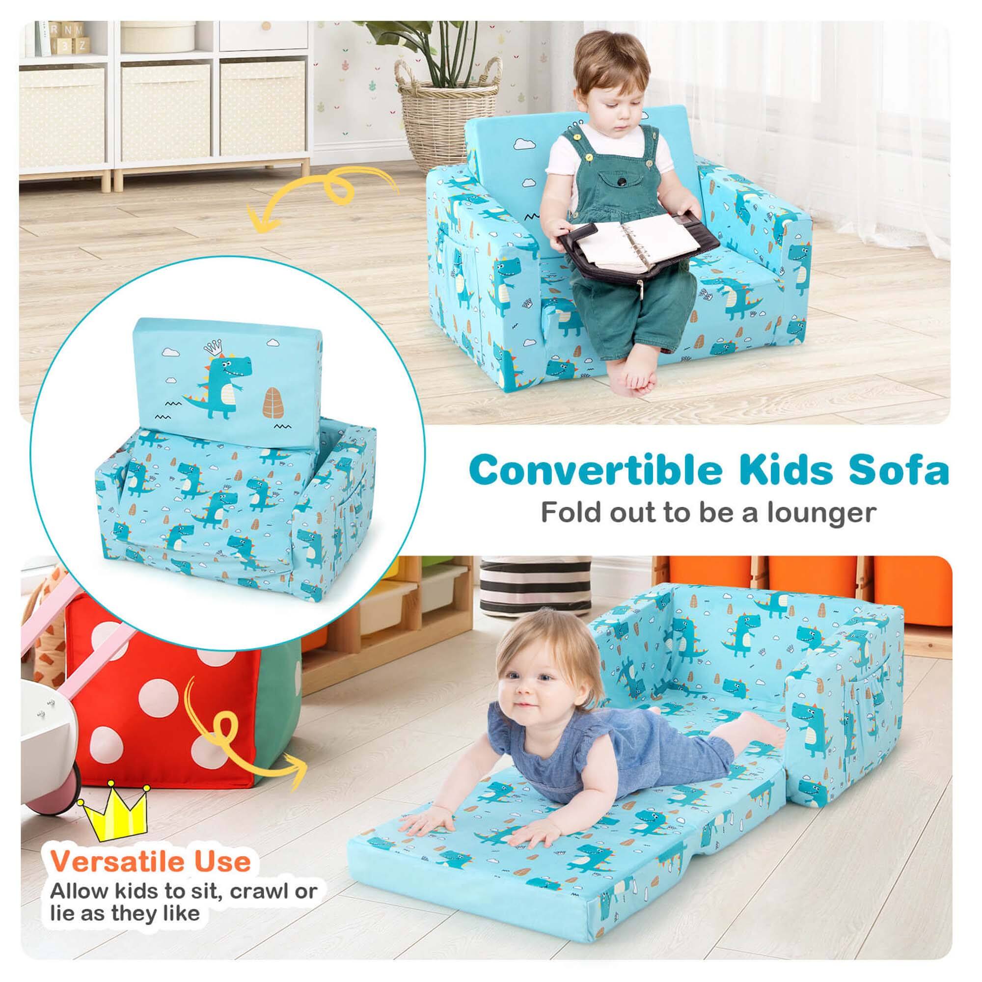 Convertible Kids Sofa  
Fold out to be a lounger  

Versatile Use  
Allow kids to sit, crawl or lie as they like