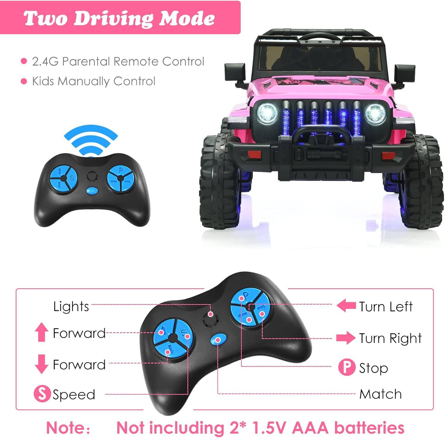 Two Driving Mode

- 2.4G Parental Remote Control
- Kids Manually Control

Lights
Forward
Forward
S Speed

Turn Left
Turn Right
P Stop
Match

Note: Not including 2* 1.5V AAA batteries