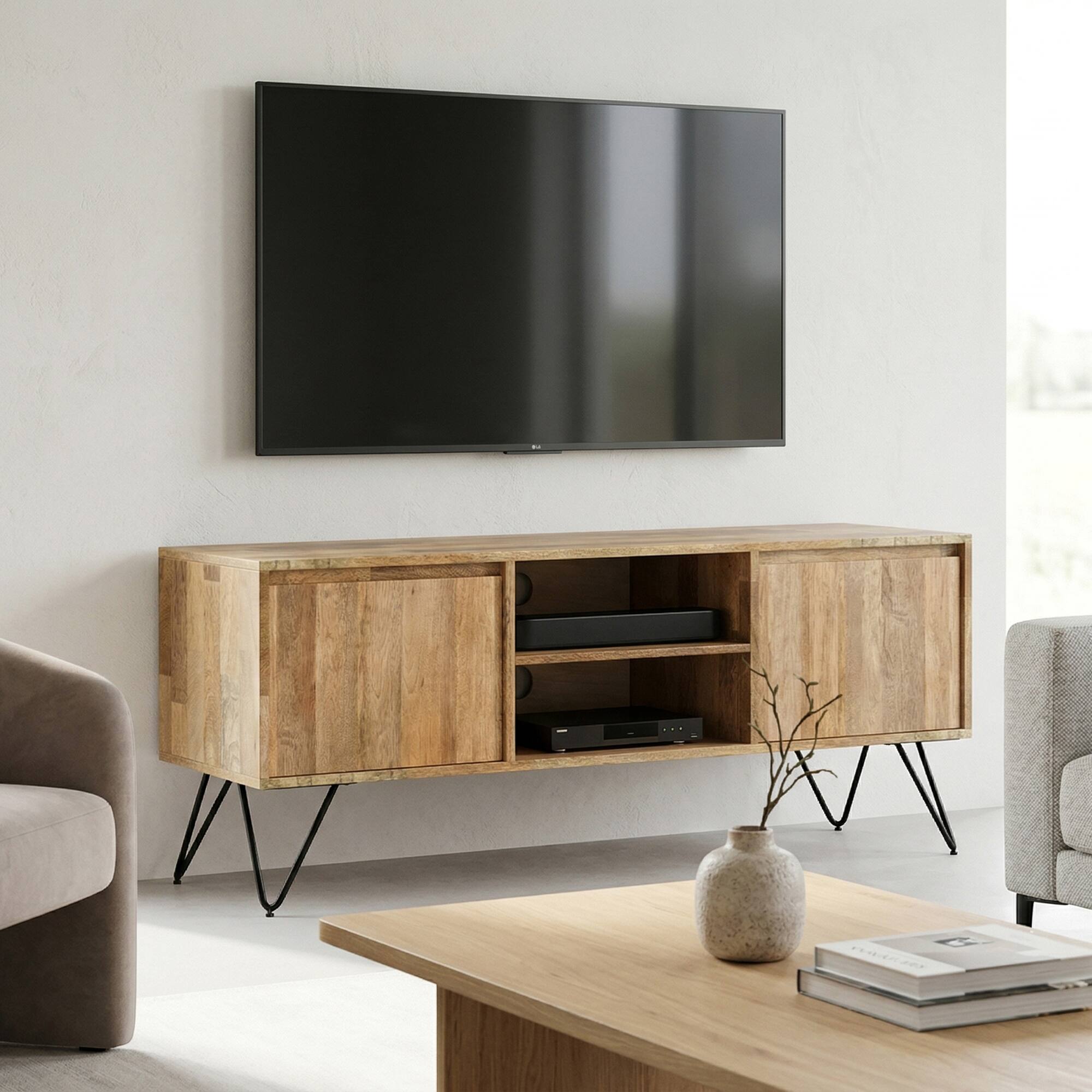 Angle. Simpli Home - Hunter Solid Mango Wood 60 inch Wide Industrial TV Media Stand For TVs up to 65 inches - Natural.