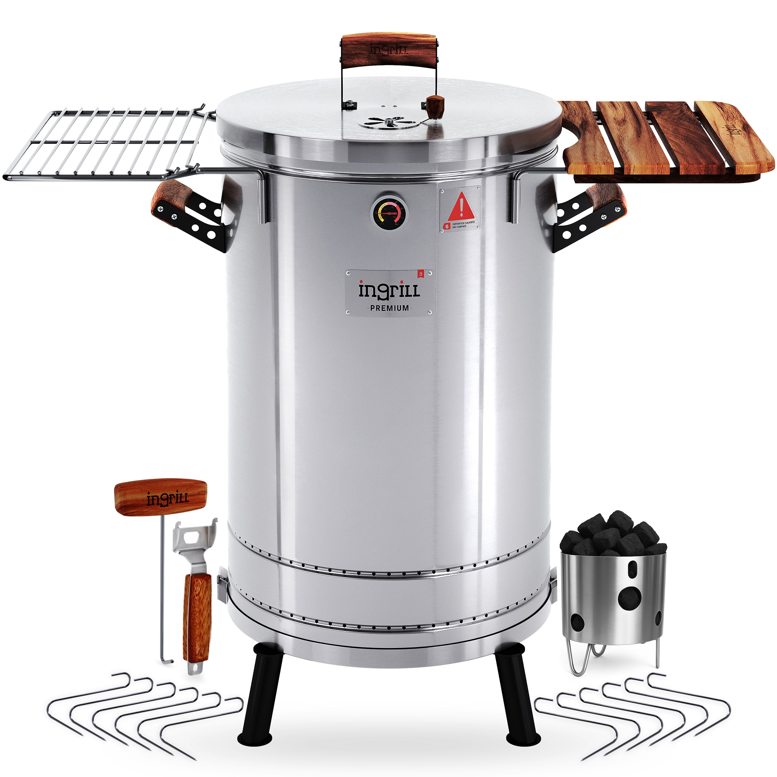 Ingrill - Charcoal Grills - 40 lbs Smoker Grill 3-in-1 for Cooking & Home BBQ - Stainless Steel