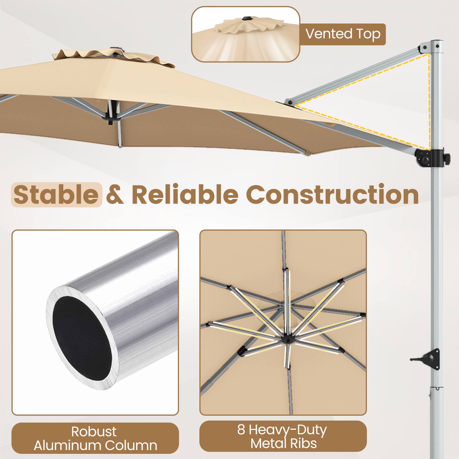 Vented Top  
Stable & Reliable Construction  
Robust Aluminum Column  
8 Heavy-Duty Metal Ribs