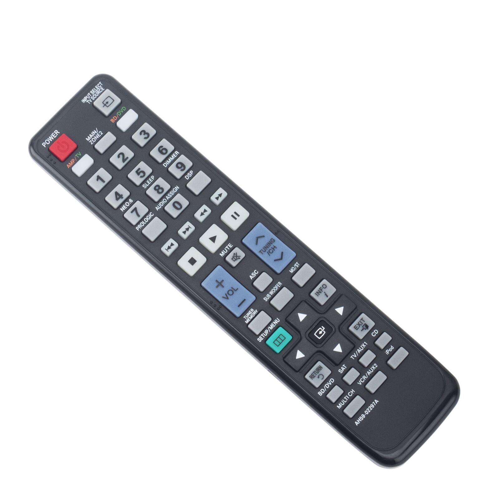 4 SOURCE DVD BD POWER ZONE2 3 TV 6 AMP 2 DIMMER 9 5 DSP 1 SLEEP 8 ASSIGN 4 1 NEO-6 AUDIO 0 7 LOGIC = PROLOGIC PRO L I A <  MUTE TUNING ICH .  MO/ST ASC + SUB WOOFER INFO VOL - I MERORY EXIT MENU SETUP d C TV/AUX1 Pod RETURN SAT VCR/AUX2 RET BD/DVD CH MULTICH AH59-02297A AH59