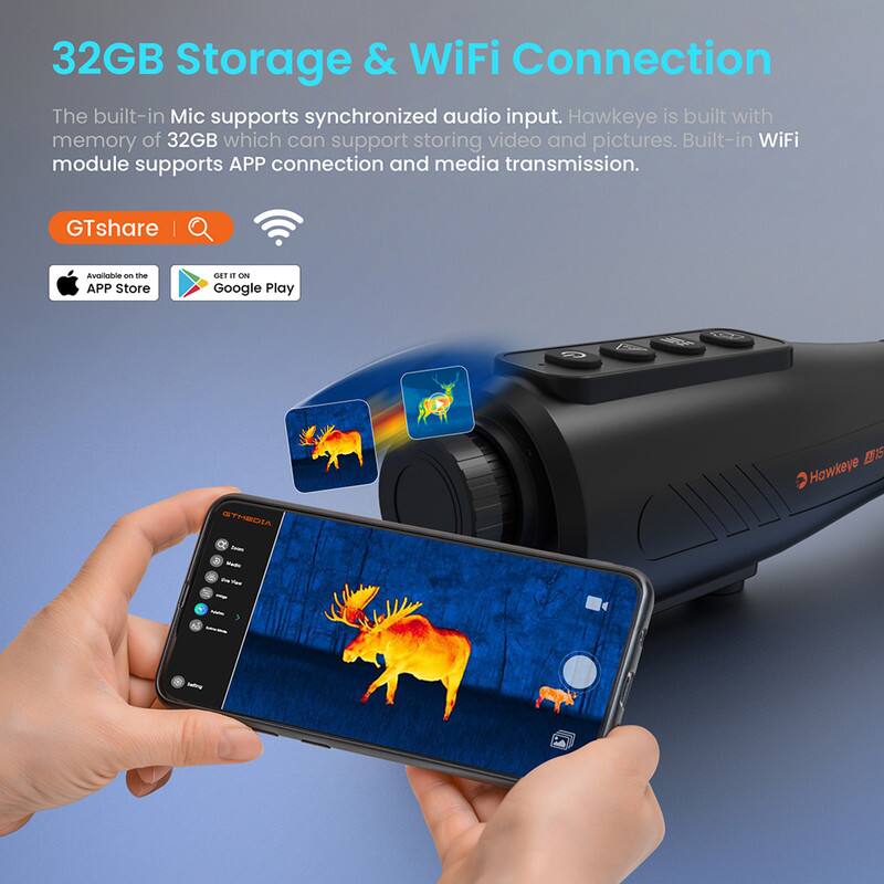 32GB Storage & WiFi Connection

The built-in Mic supports synchronized audio input. Hawkeye is built with memory of 32GB which can support storing video and pictures. Built-in WiFi module supports APP connection and media transmission.

GTshare | Available on the APP Store | GET IT ON Google Play