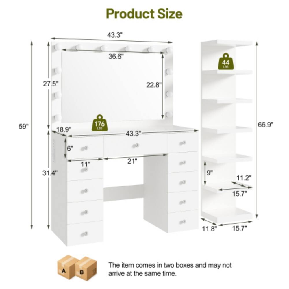 Product Size: 43.3" x 36.6" x 27.5" x 22.8" x 59" x 18.9" x 6" x 31.4" x 11" x 21" x 9" x 11.2" x 15.7" x 11.8" x 15.7"  
Weight: 44 lbs  
The item comes in two boxes and may not arrive at the same time.