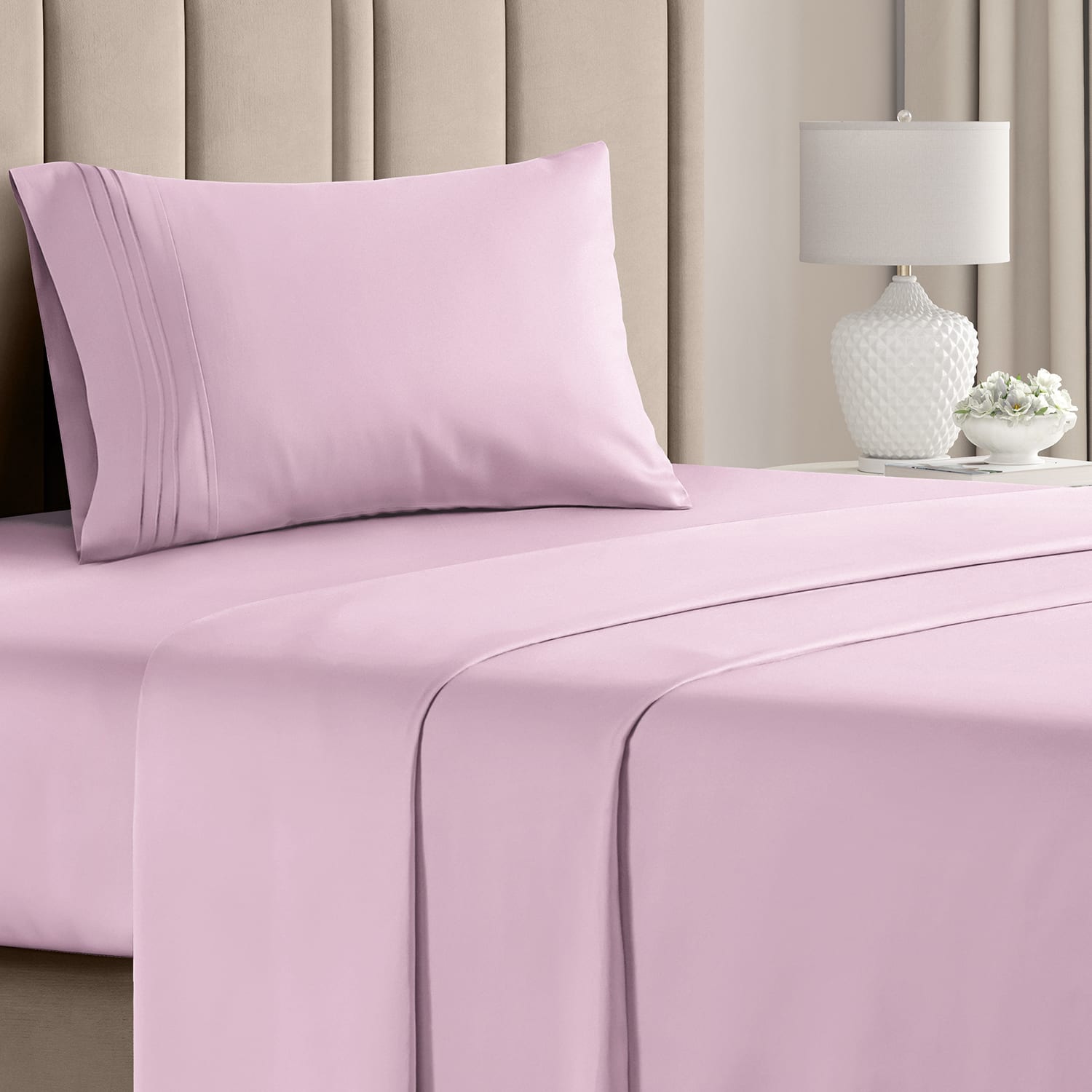 Front. CGK Linens - Luxury Soft 4 Piece Solid Bed Sheet Set - Deep Pocket Fits 8"-16" Mattresses - Twin - Light Pink.