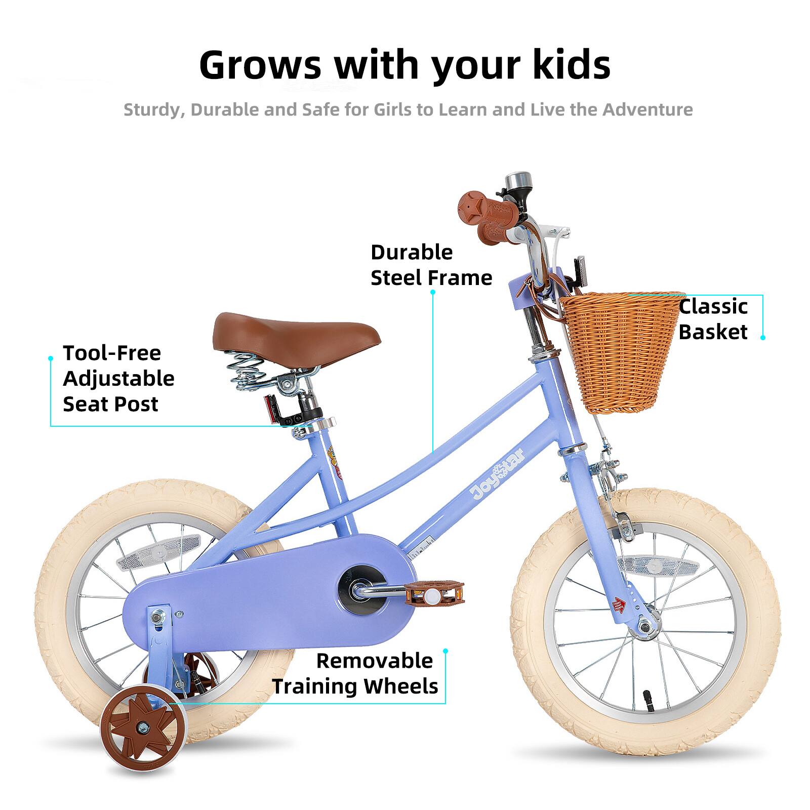 Grows with your kids  
Sturdy, Durable and Safe for Girls to Learn and Live the Adventure  

- Tool-Free Adjustable Seat Post  
- Durable Steel Frame  
- Classic Basket  
- Removable Training Wheels