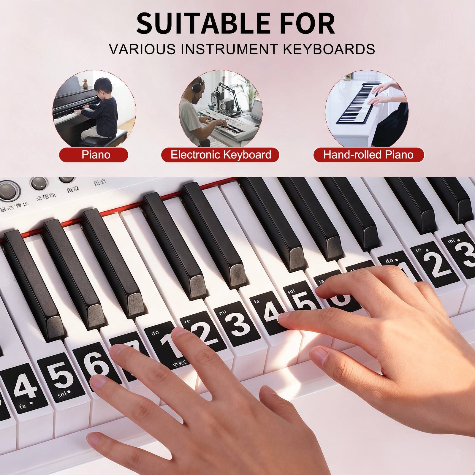 SUITABLE FOR  
VARIOUS INSTRUMENT KEYBOARDS

- Piano
- Electronic Keyboard
- Hand-rolled Piano

5 6 7 1 2 3 4 sol fa la soi la 5 U re mi 4 do 2 3 1 C m TE do 2 3 1