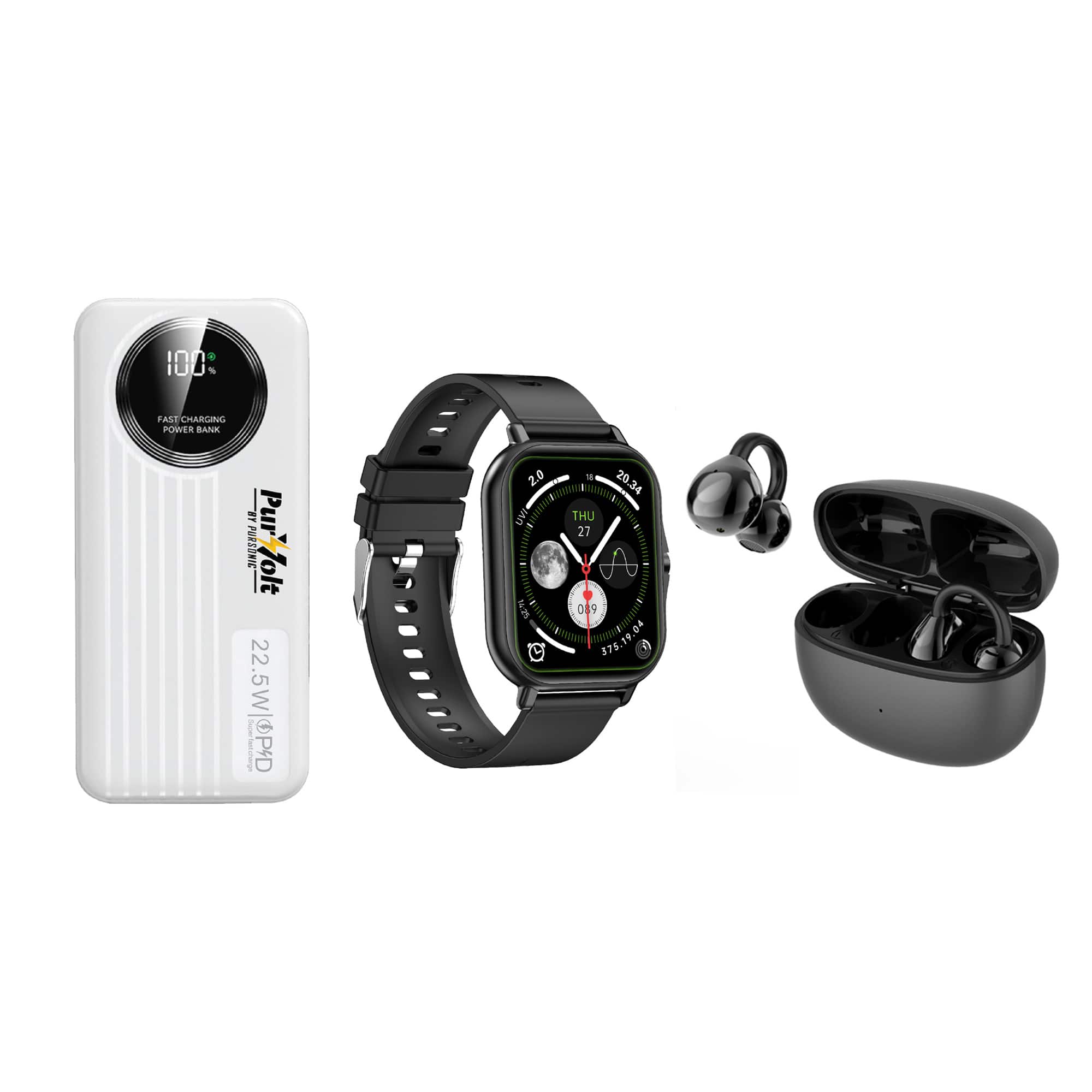 Pursonic - Ultimate Mobile Essentials Bundle – Smart Watch, 10,000mAh Power Bank & True Wireless Earbuds - White and Black - (2020)
