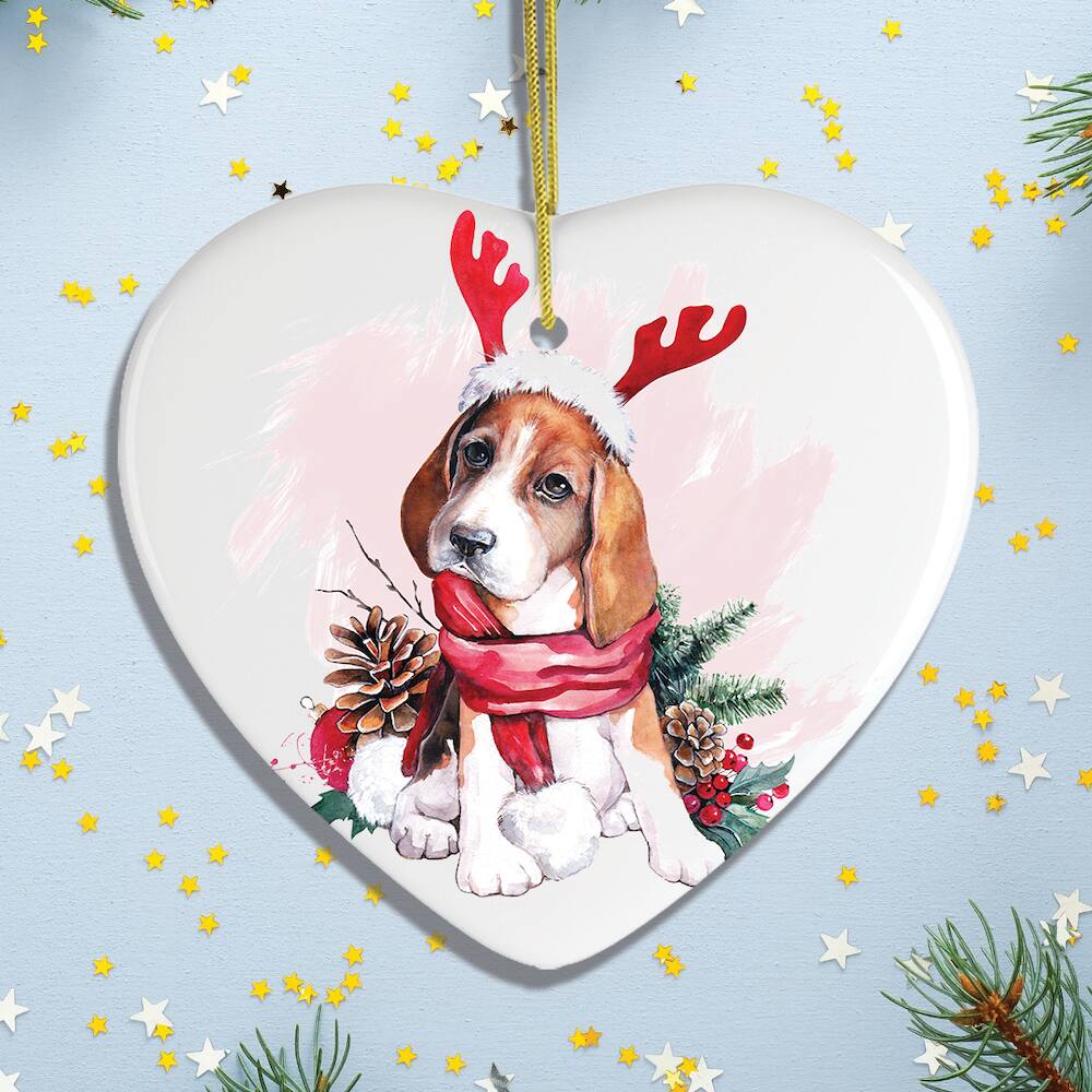 Back. OrnamentallyYou - Watercolor Beagle Christmas Ornament Heart - Multi-colored.