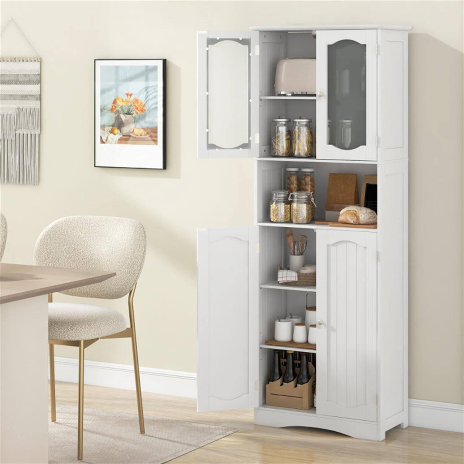 Alt View 4. Pefilos - 64.5" Tall Freestanding Bathroom Storage Cabinet with Frost Glass Doors and Shelves, Pantry Cabinets, White - White.