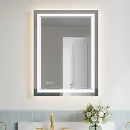 WELLFOR - 24 inx32 in Frameless Bathroom Mirror with LED Lights & Anti-Fog, Wall Mounted Vanity Mirror with 3 Colors Dimmable - Chrome