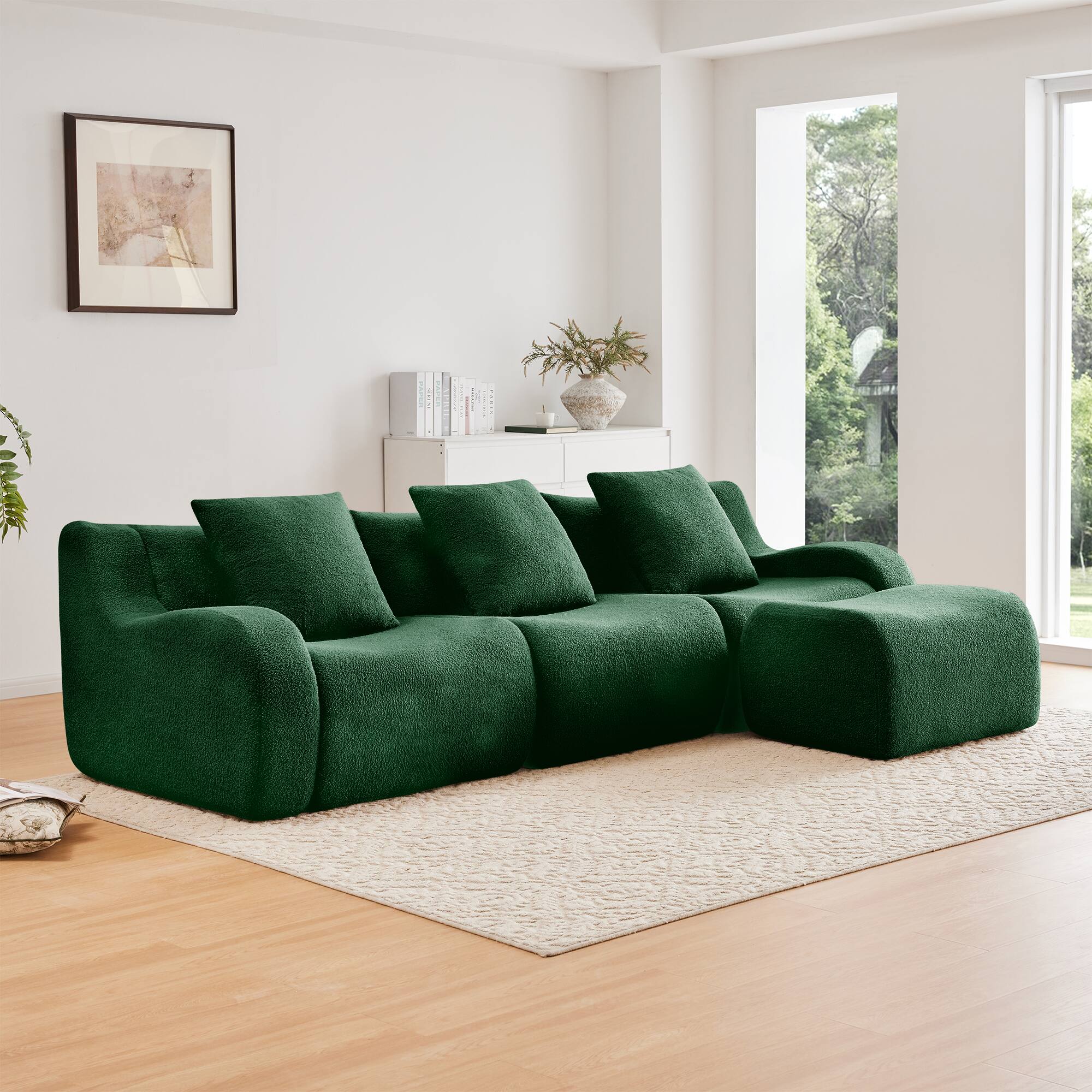 Front. LOVMOR - 3 Seat Teddy Couch No Assembly Compressed Pack Anti Slip Curved Armrests For Living Room Bedroom Den Cozy Soft - Green.