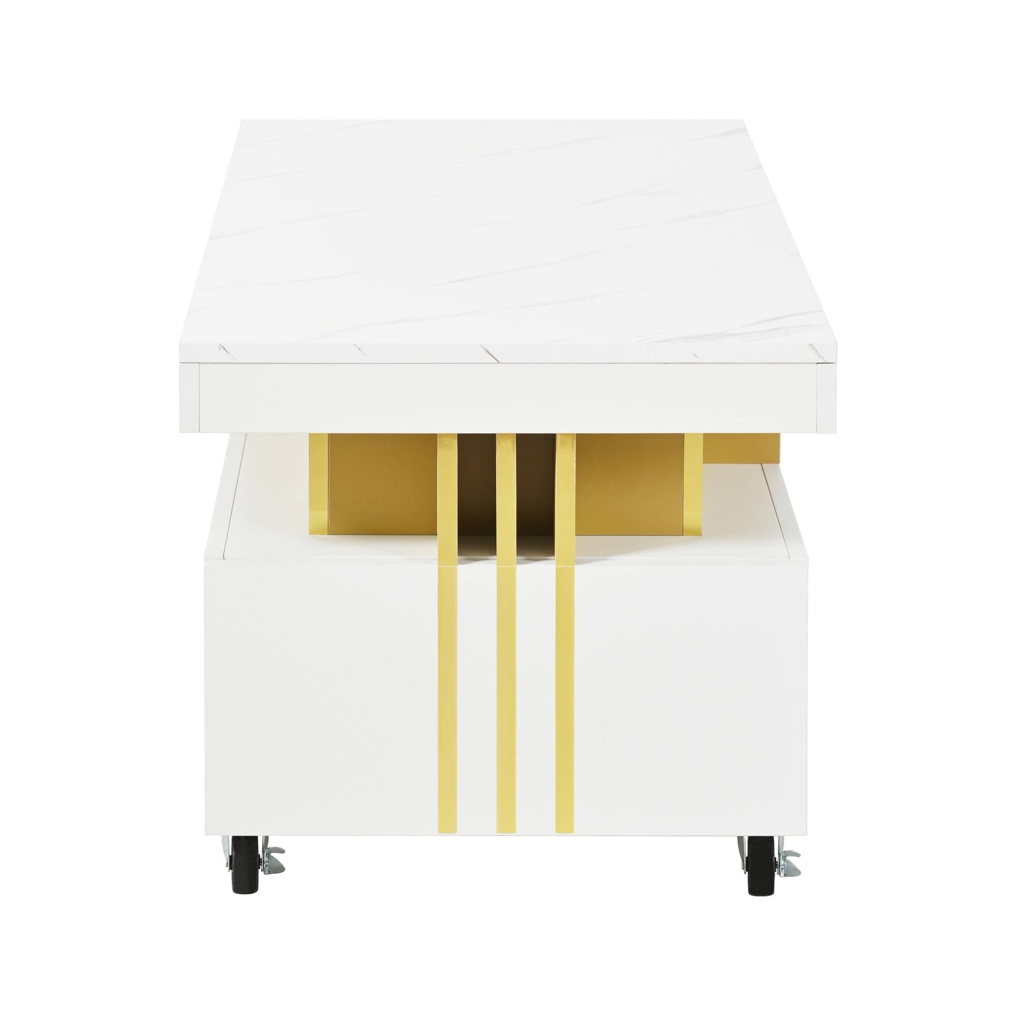 Alt View 6. Tiramisubest - Contemporary Coffee Table with Faux Marble Top,Caster Wheels,Moderate Luxury Center Table with Gold Metal Bars,White - White.