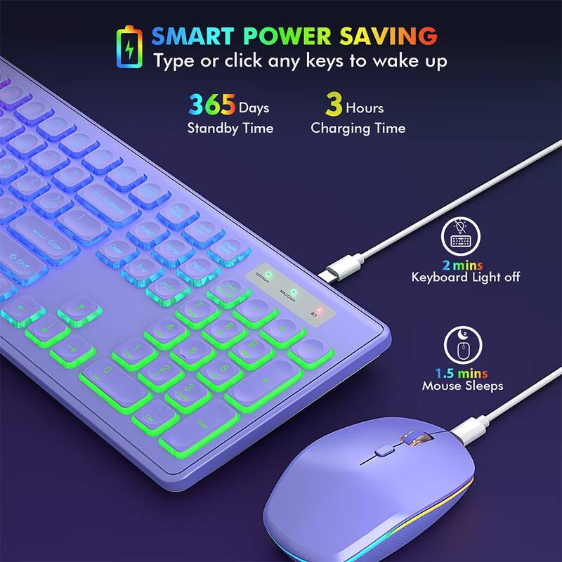 SMART POWER SAVING  
Type or click any keys to wake up  

365 Days Standby Time  
3 Hours Charging Time  

2 mins Keyboard Light off  
1.5 mins Mouse Sleeps
