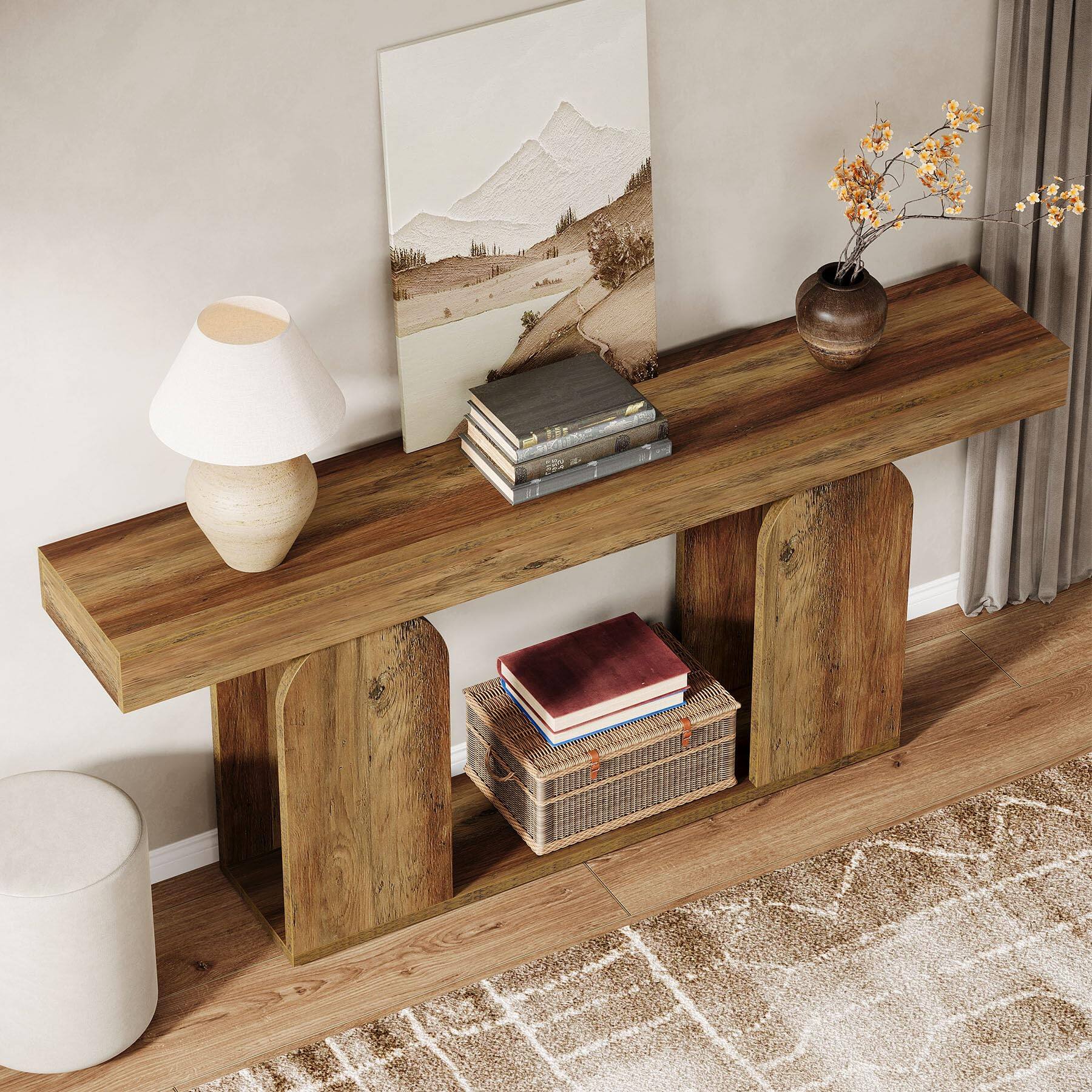 Alt View 2. Tribesigns - 70.9-Inch Extra Long Farmhouse Console Table, 2-Tier Wooden Entryway Console with Storage Shelf, Sofa Table Behind Couch - Vintage Brown.