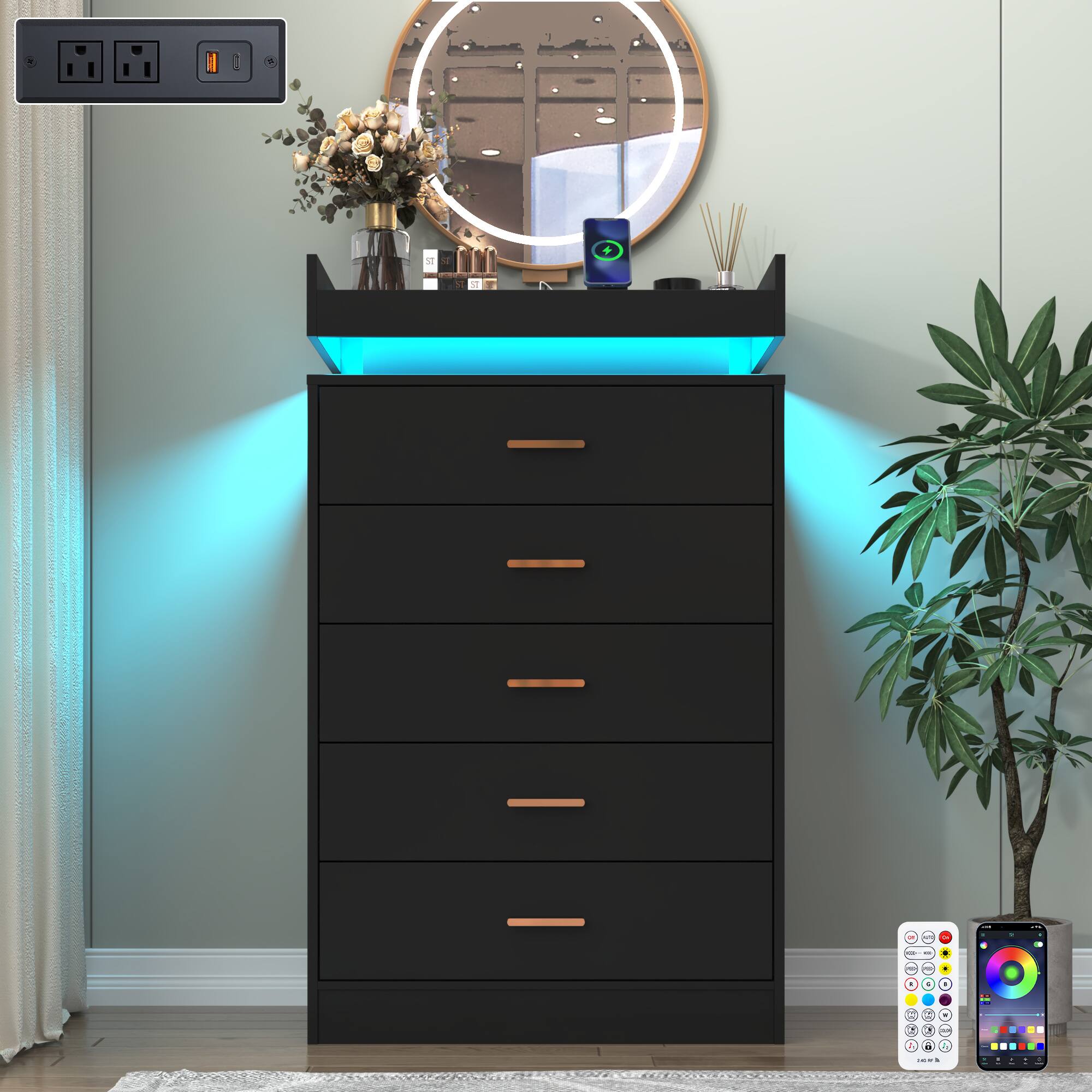Angle. Espafurni - 5 - Drawer Dresser with LED Light & Charging Station - Modern Chest for Bedroom, Living Room, Entryway & Hallway - Black.