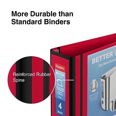 More Durable than Standard Binders

Reinforced Rubber Spine

Staples

BETTER E
Our Most Durable

1020 Sheet Capacity
4 Inch

View