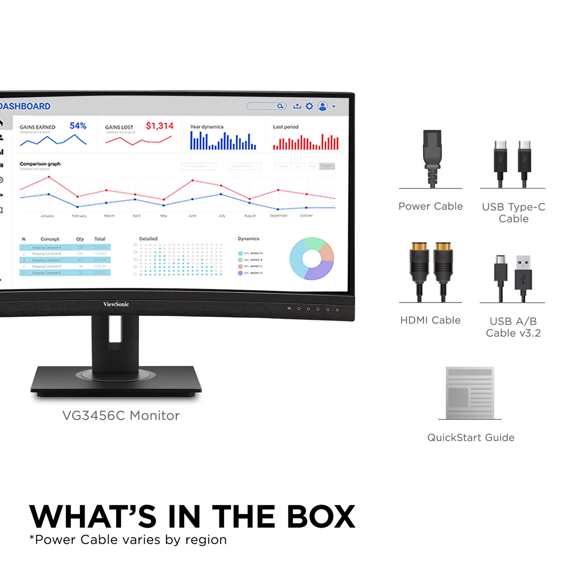 What's in the box:

1. VG3456C Monitor
2. QuickStart Guide
3. Power Cable (varies by region)
4. USB Type-C Cable
5. USB A/B Cable v3.2
6. HDMI Cable
7. USB A/B Cable v3.2
8. QuickStart Guide
9. Power Cable (varies by region)
10. USB A/B Cable v3.2
11. USB Type-C Cable
12. HDMI Cable
13. QuickStart Guide
14. Power Cable (varies by region)
15. USB A/B Cable v3.2
16. USB Type-C Cable
17. HDMI Cable
18. QuickStart Guide
19. Power Cable (varies by region)
20. USB A/B Cable v3.2
21. USB Type-C Cable
22. HDMI Cable
23. QuickStart Guide
24. Power Cable (varies by region)
25. USB A/B Cable v3.2
26. USB Type-C Cable
27. HDMI Cable
28. QuickStart Guide
29. Power Cable (varies by region)
30. USB A/B Cable v3.2
31. USB Type-C Cable
32. HDMI Cable
33. QuickStart Guide
34. Power Cable (varies by region)
35. USB A/B Cable v3.2
36. USB Type-C Cable
37. HDMI Cable
38. QuickStart Guide
39. Power Cable (varies by region)
40. USB A/B Cable v3.2
41. USB Type-C Cable
42. HDMI Cable
43. QuickStart Guide
44. Power Cable (varies by region)
45. USB A/B Cable v3.2
46. USB Type-C Cable
47. HDMI Cable
48. QuickStart Guide
49. Power Cable (varies by