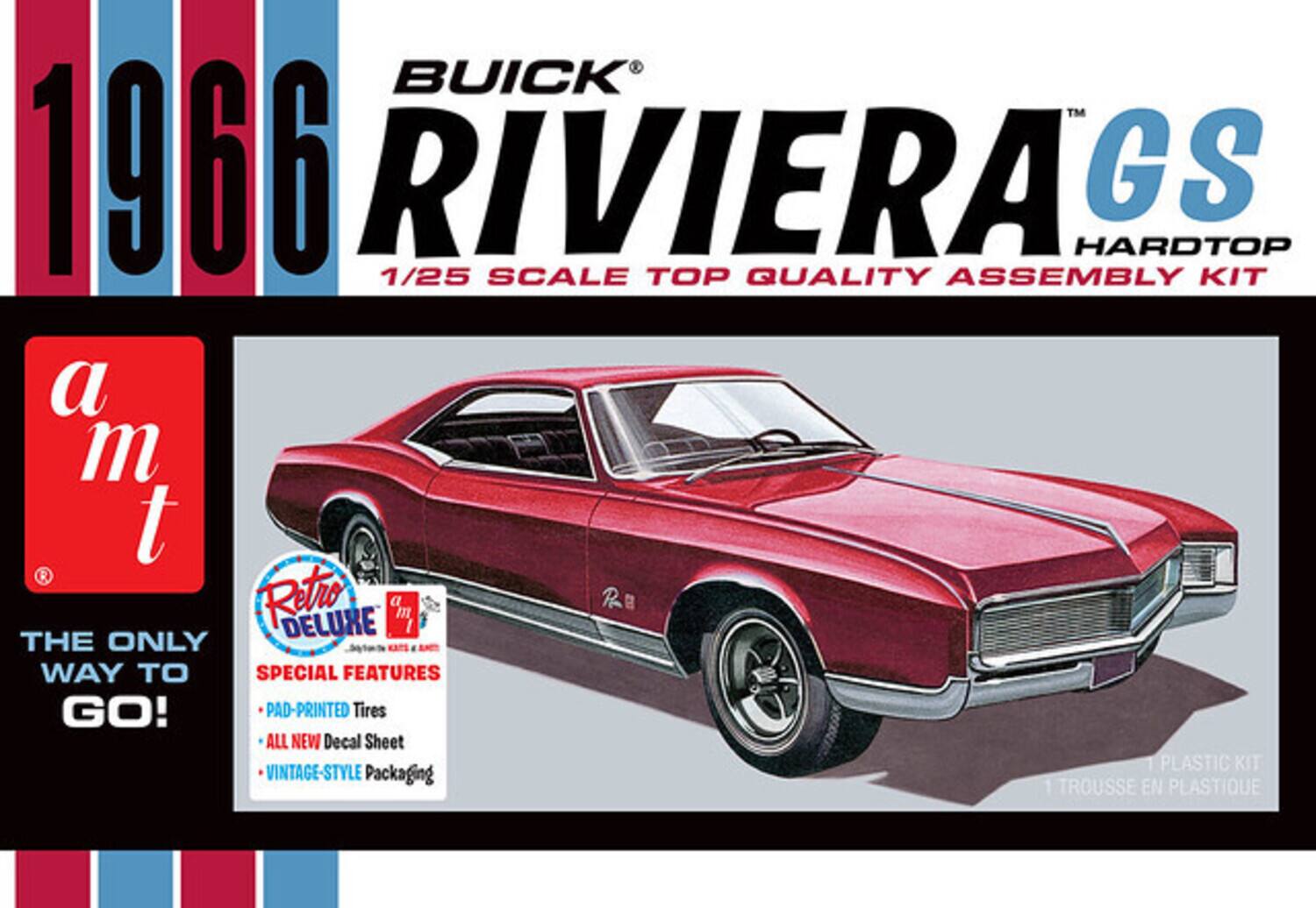 BUICK™ | 1966 RIVIERA GS HARDTOP  
1/25 SCALE TOP QUALITY ASSEMBLY KIT  

a m t™  
THE ONLY WAY TO GO!  

SPECIAL FEATURES:  
- PAD-PRINTED Tires  
- ALL NEW Decal Sheet  
- VINTAGE-STYLE Packaging  

1 PLASTIC KIT  
1 TROUSSE EN PLASTIQUE  

Retro DELUXE