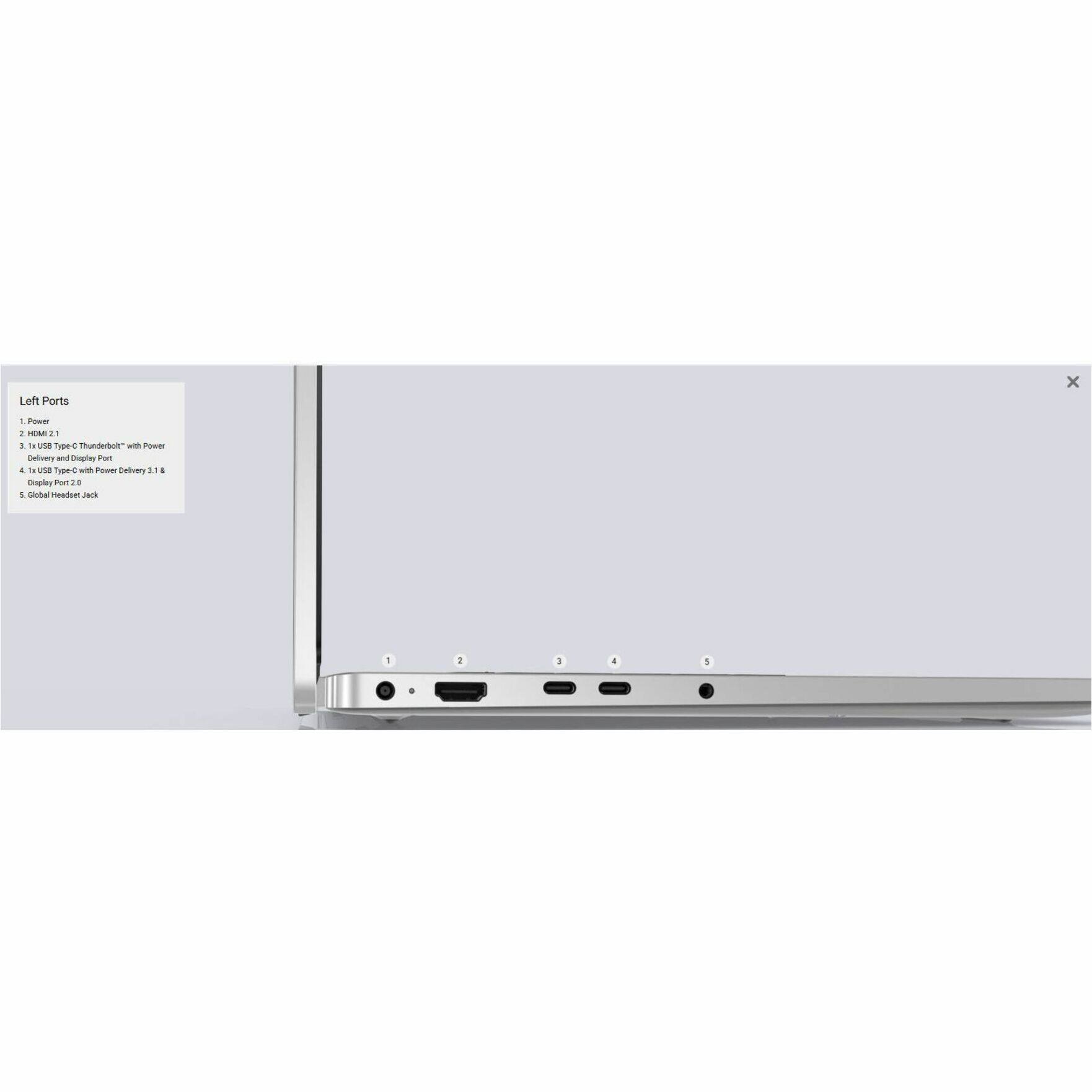 Left Ports

1. Power
2. HDMI 2.1
3. HDMI 2.1 Type-C Thunderbolt™ with Power
4. USB Type-C DisplayPort
5. USB Type-C with Power Delivery 3.1
6. DisplayPort 2.0
7. Global Headset Jack