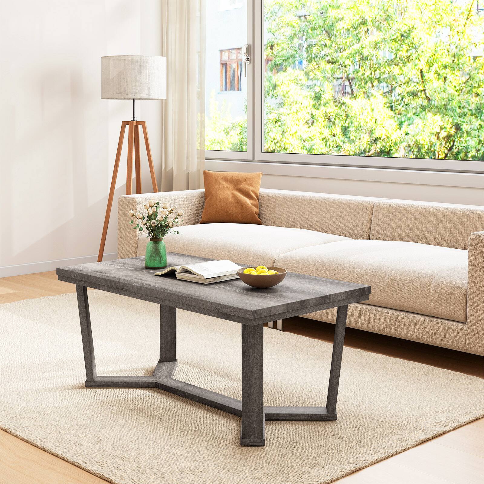 Alt View 1. Gymax - Gymax Coffee Table Solid Rubber Wood Center Table w/ Cross-Shaped Base Accent Table - Gray.