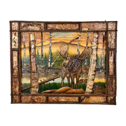 Front. Zeckos - Rustic Moose Birch Forest Wood Wall Sculpture 28.75x36.5 Brown Glossy - Brown.