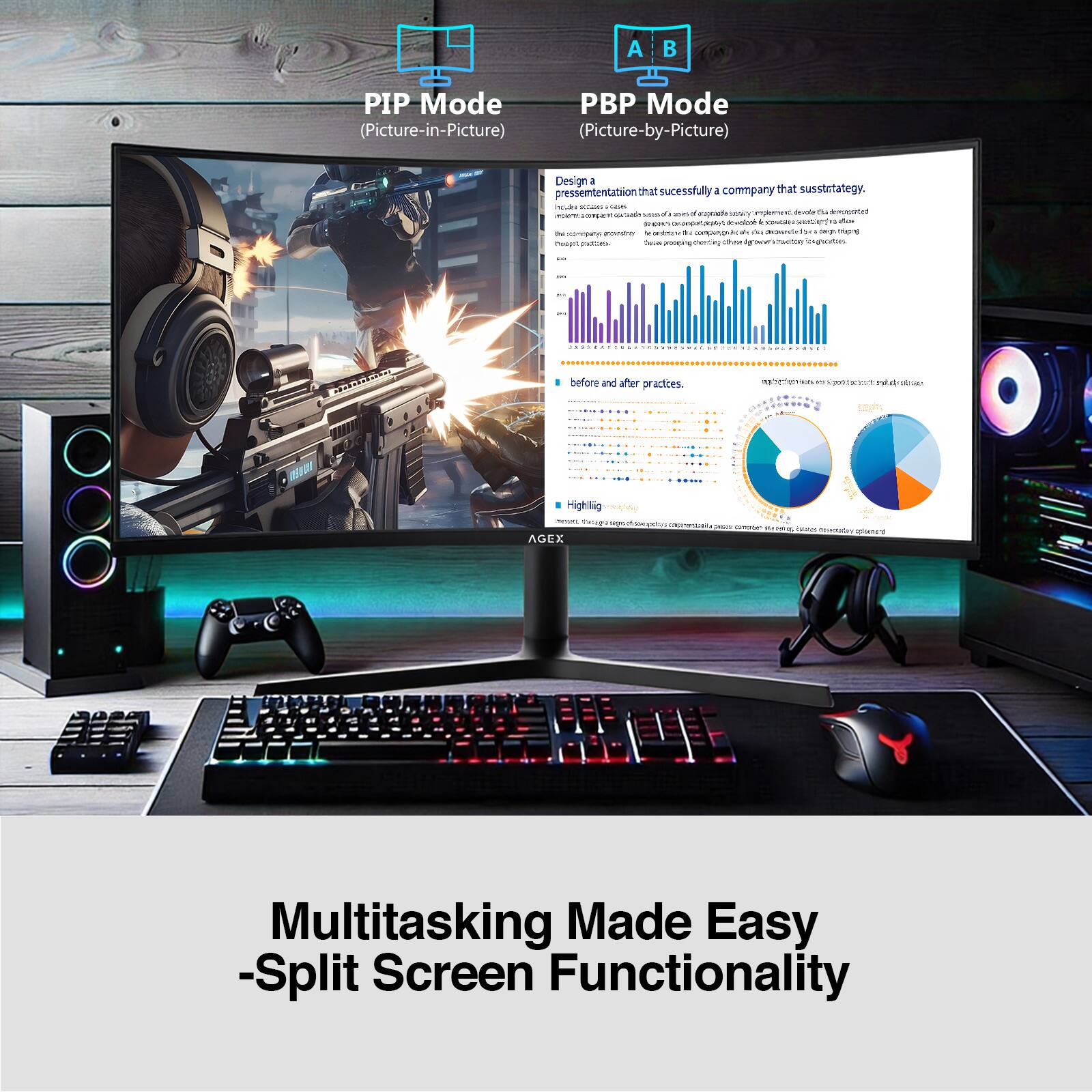 PIP Mode  
(Picture-in-Picture)  

PBP Mode  
(Picture-by-Picture)  

Design a presentation that successfully a company that susstrategy.  

ds - - - -  - o rogrwae tary nempument - .. Auartus - - / - Lea ads - wnPg ahus - m ntn_o - itn - CTre - - de maa .o - no__ Pasun ntn - - - uting -4 - g i nutin o grties : 1 before and after practices. vE - TS  

Highlig calny  TH 1 ei - -  - ramas Man -inon AGEX  

Multitasking Made Easy  
-Split Screen Functionality