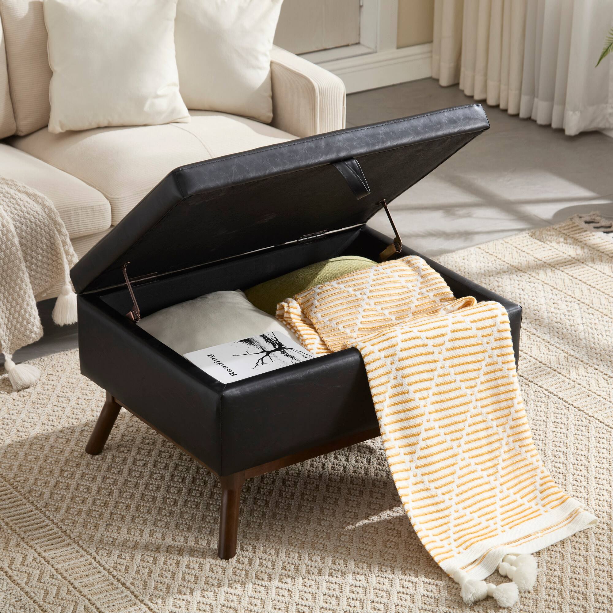 Alt View 7. GOODSILO - Mid-Century Modern Square Storage Ottoman Bench with Lift-Top Lid and Child Safety Hinge - Black PU.