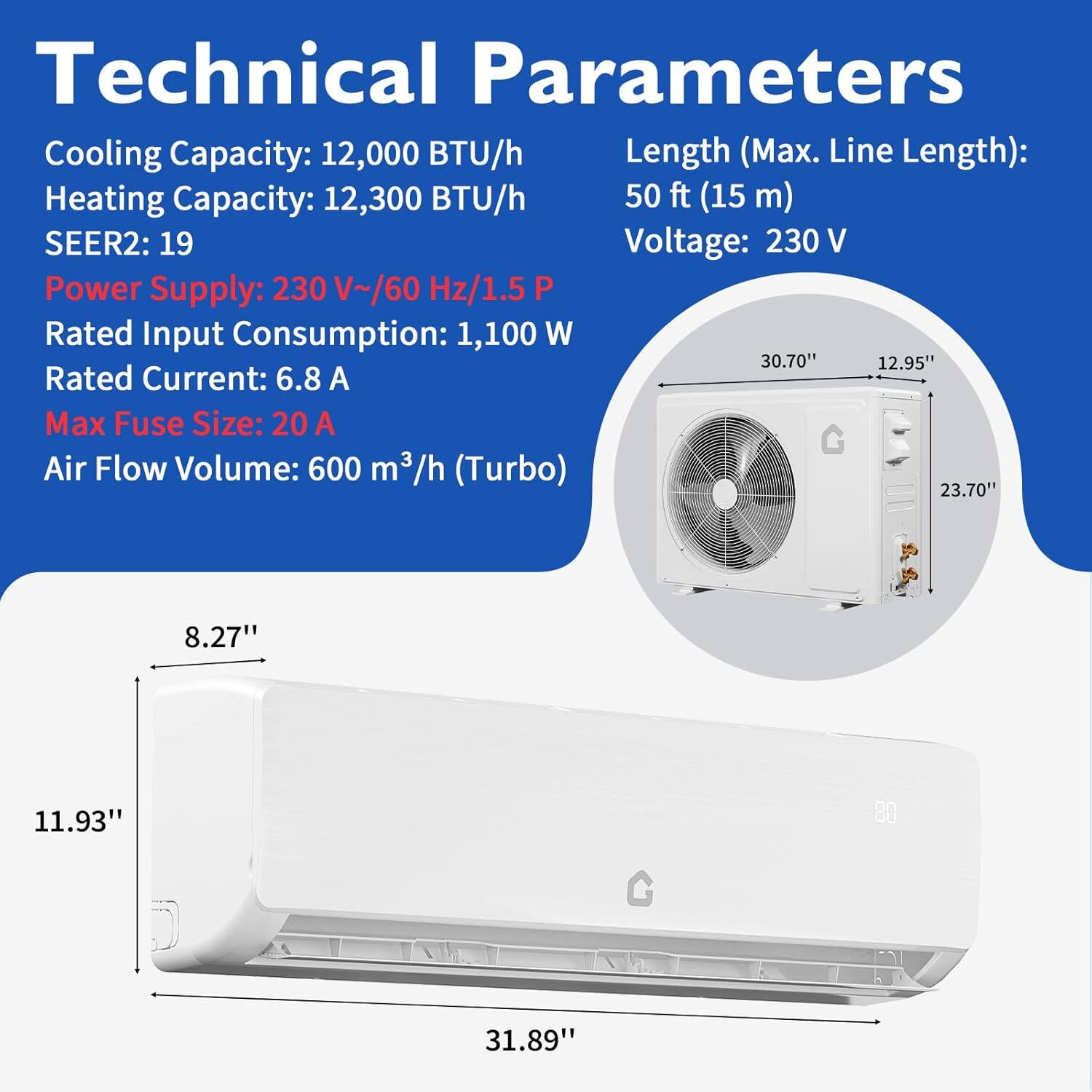 Technical Parameters

Cooling Capacity: 12,000 BTU/h  
Heating Capacity: 12,300 BTU/h  
SEER2: 19  
Power Supply: 230 V~/60 Hz/1.5 P  
Rated Input Consumption: 1,100 W  
Rated Current: 6.8 A  
Max Fuse Size: 20 A  
Air Flow Volume: 600 m³/h (Turbo)  

Length (Max. Line Length): 50 ft (15 m)  
Voltage: 230 V  

Dimensions:  
- 30.70" x 12.95" x 23.70"  
- 31.89" x 11.93" x 8.27"