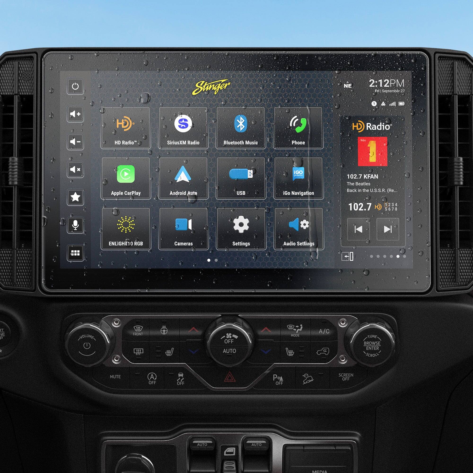 Stinger NE  
2:12 PM  
September 27  

HD Radio  
SiriusXM Radio  
Bluetooth Music  
Phone  
Apple CarPlay  
Android Auto  
USB  
iGo Navigation  
ENLIGHT10 RGB  
Cameras  
Settings  
Audio Settings  

102.7 KFAN  
The Beatles  
Back in the U.S.S.R (Re..)  

1234  
5678  

VOLUME  
OFF  
AUTO  
MUTE  
OFF  
SCREEN OFF  
A/C  
OFF  
AUTO  
BROWSE  
ENTER  
SCROLL  
OFF