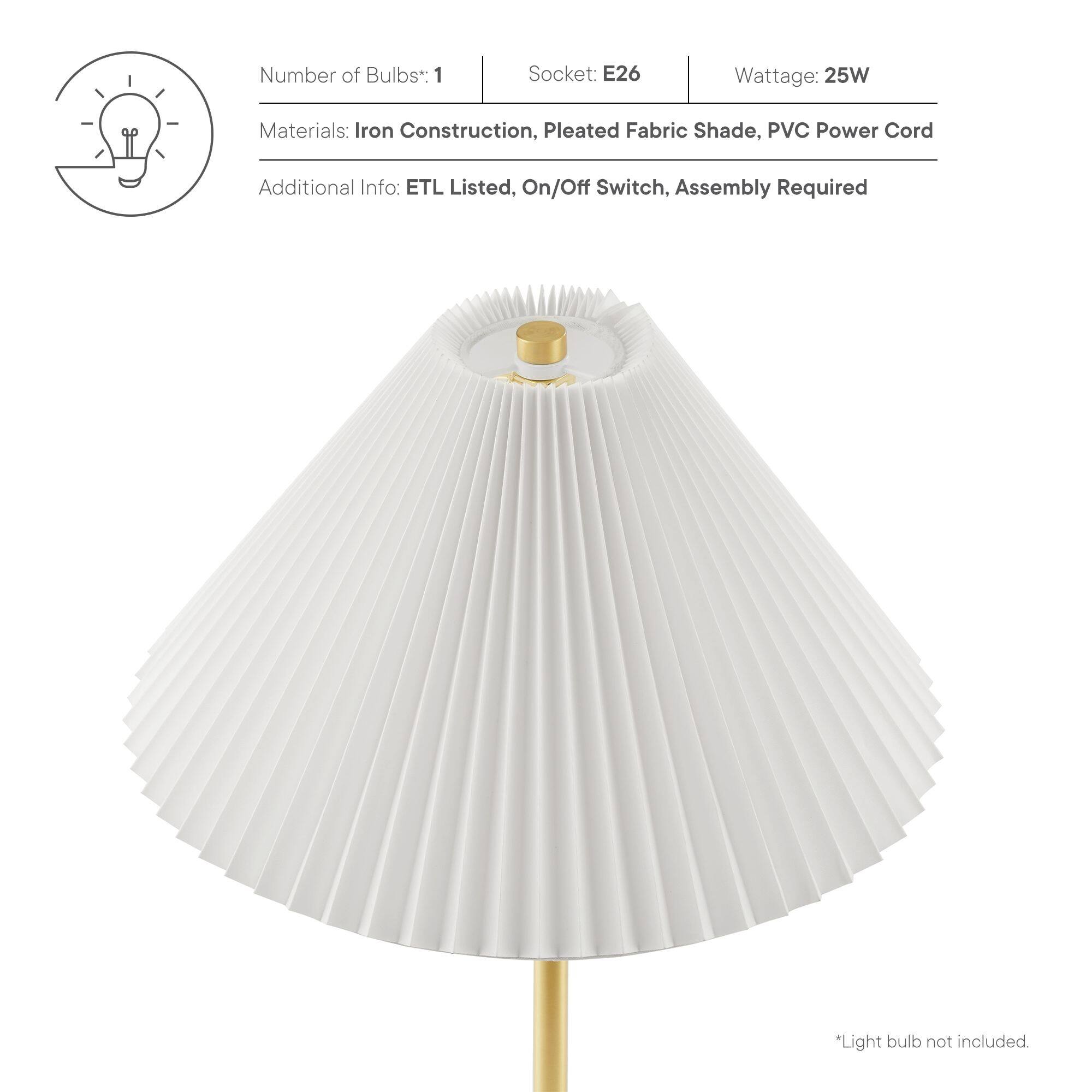 Number of Bulbs*: 1  
Socket: E26  
Wattage: 25W  

Materials: Iron Construction, Pleated Fabric Shade, PVC Power Cord  

Additional Info: ETL Listed, On/Off Switch, Assembly Required  

*Light bulb not included.