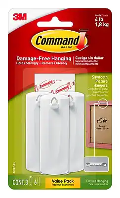 3M Command Brand
Damage-Free Hanging
Cuelga sin dañar
Holds Strongly • Removes Cleanly
Sujeta firmemente • Retira limpiamente
Sawtooth Picture Hangers
Colgadores para cuadros con ganchos de sierra
4 lb
1.8 kg
UP TO 8" x 10"
hasta 20 cm x 25 cm
CONT. 3
6
Value Pack
Paquete Económico
Picture Hanging
Para colgar cuadros